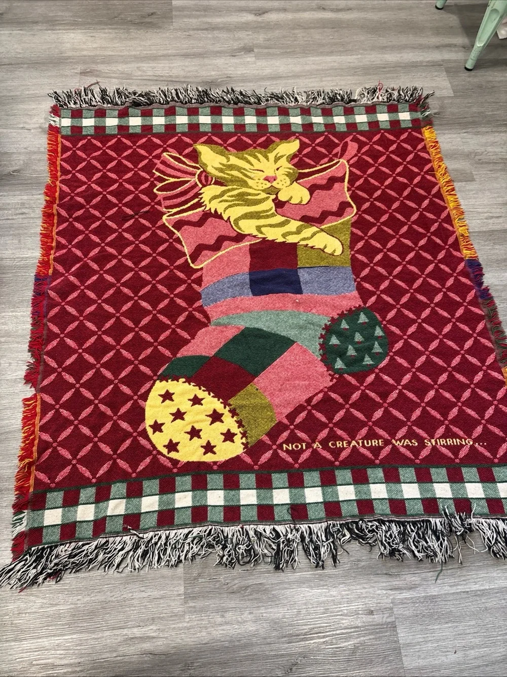 Vintage Christmas cat Stocking woven Throw Blanket holiday late 90s